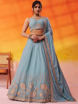 Panchhi - Tissue Silk Sequins Semi Stitched Green Lehenga And Unstitched Choli With Dupatta