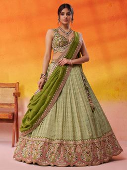 Panchhi - Tissue Sequins Semi Stitched Green Lehenga And Unstitched Choli With Dupatta