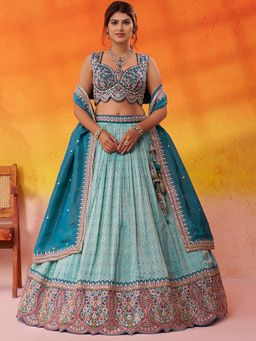 Panchhi - Tissue Sequins Semi Stitched Turquoise Lehenga And Unstitched Choli With Dupatta