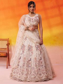 Panchhi - Women Net Sequins Semi Stitched Cream Lehenga And Unstitched Choli With Dupatta