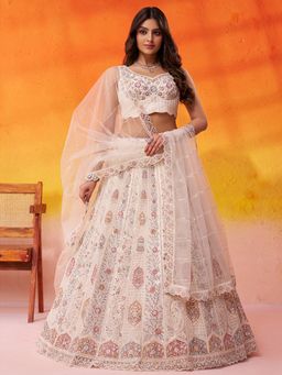 Panchhi - Women Net Sequins Semi Stitched Cream Lehenga And Unstitched Choli With Dupatta