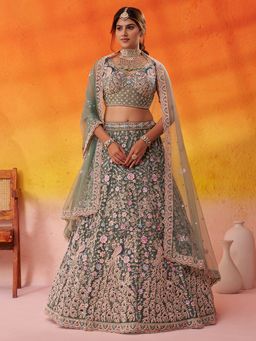 Panchhi - Women Net Sequins Semi Stitched Green Lehenga And Unstitched Choli With Dupatta