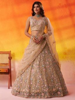 Panchhi - Women Net Sequins Semi Stitched Beige Lehenga And Unstitched Choli With Dupatta