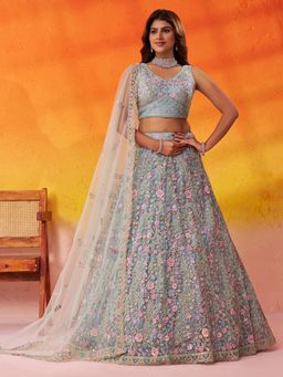 Panchhi - Women Net Sequins Semi Stitched Green Lehenga And Unstitched Choli With Dupatta