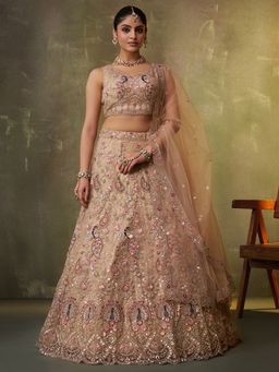 Panchhi - Women Net Sequins Semi Stitched Beige Lehenga And Unstitched Choli With Dupatta