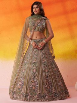 Panchhi - Net Fabric Sequins Semi Stitched Green Lehenga And Unstitched Choli With Dupatta