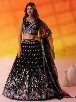 Panchhi - Net Fabric Sequins Semi Stitched Black Lehenga And Unstitched Choli With Dupatta