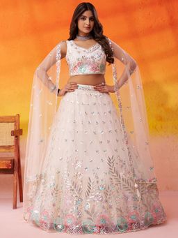 Panchhi - Net Fabric Sequins Semi Stitched Cream Lehenga And Unstitched Choli With Dupatta