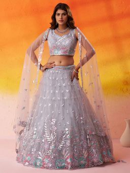 Panchhi - Net Fabric Sequins Semi Stitched Grey Lehenga And Unstitched Choli With Dupatta