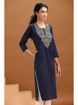 Cotton Culture - Embroidered Cotton Straight Navy Blue Kurta