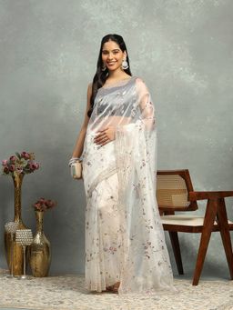 MEENA BAZAAR - Stone Work Organza Cream Saree With Unstitched Blouse