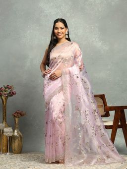 MEENA BAZAAR - Stone Work Organza Pink Saree With Unstitched Blouse