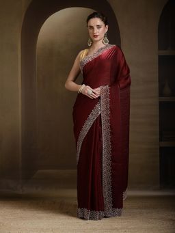 MEENA BAZAAR - Stone Work Organza Maroon Saree With Unstitched Blouse