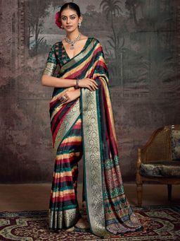 MEENA BAZAAR - Stripes Printed Art Silk Blue Saree With Unstitched Blouse