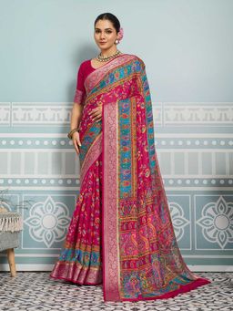 MEENA BAZAAR - Printed Art Silk Pink Saree With Unstitched Blouse