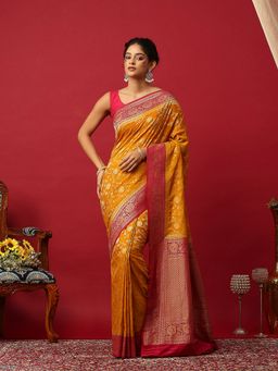 MEENA BAZAAR - Woven Crepe Mustard Saree With Unstitched Blouse