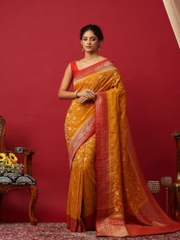 MEENA BAZAAR - Woven Zari Crepe Mustard Saree With Unstitched Blouse