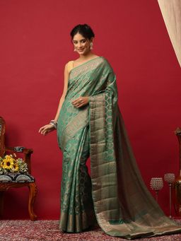 MEENA BAZAAR - Woven Art Silk Green Saree With Unstitched Blouse