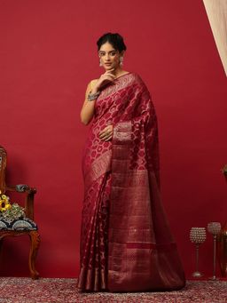 MEENA BAZAAR - Woven Art Silk Wine Saree With Unstitched Blouse