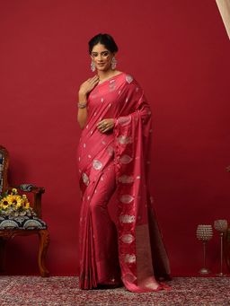 MEENA BAZAAR - Women Woven Art Silk Pink Saree With Unstitched Blouse