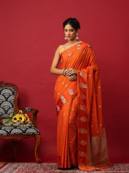 MEENA BAZAAR - Woven Art Silk Orange Saree With Unstitched Blouse