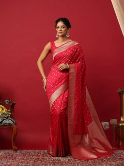 MEENA BAZAAR - Woven Zari Pink Saree With Unstitched Blouse