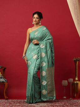 MEENA BAZAAR - Woven Zari Art Silk Green Saree With Unstitched Blouse