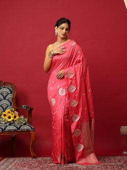 MEENA BAZAAR - Zari Woven Silk Pink Saree With Unstitched Blouse