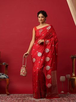 MEENA BAZAAR - Woven Zari Art Silk Red Saree With Unstitched Blouse