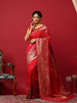 MEENA BAZAAR - Women Woven Art Silk Red Saree With Unstitched Blouse
