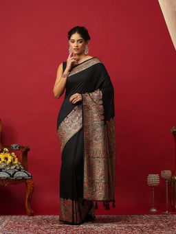 MEENA BAZAAR - Women Woven Art Silk Black Saree With Unstitched Blouse