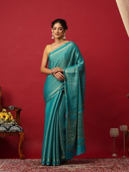 MEENA BAZAAR - Woven Crepe Blue Saree With Unstitched Blouse
