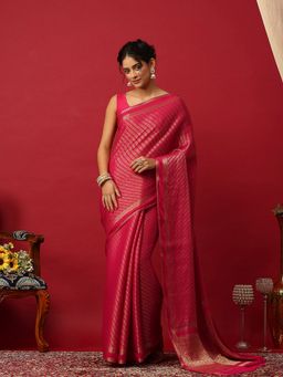 MEENA BAZAAR - Woven Crepe Pink Saree With Unstitched Blouse