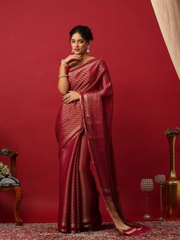 MEENA BAZAAR - Woven Crepe Wine Saree With Unstitched Blouse