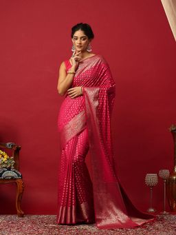 MEENA BAZAAR - Women Handloom Art Silk Pink Saree With Unstitched Blouse