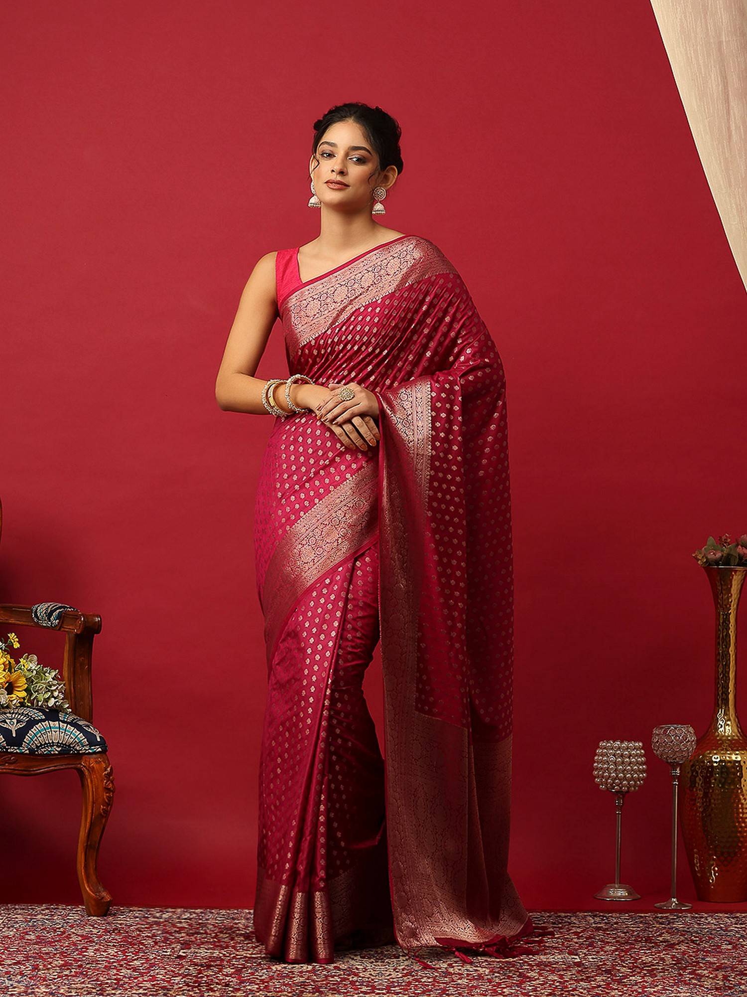 Woven Zari Art Silk Wine Saree With Unstitched Blouse
