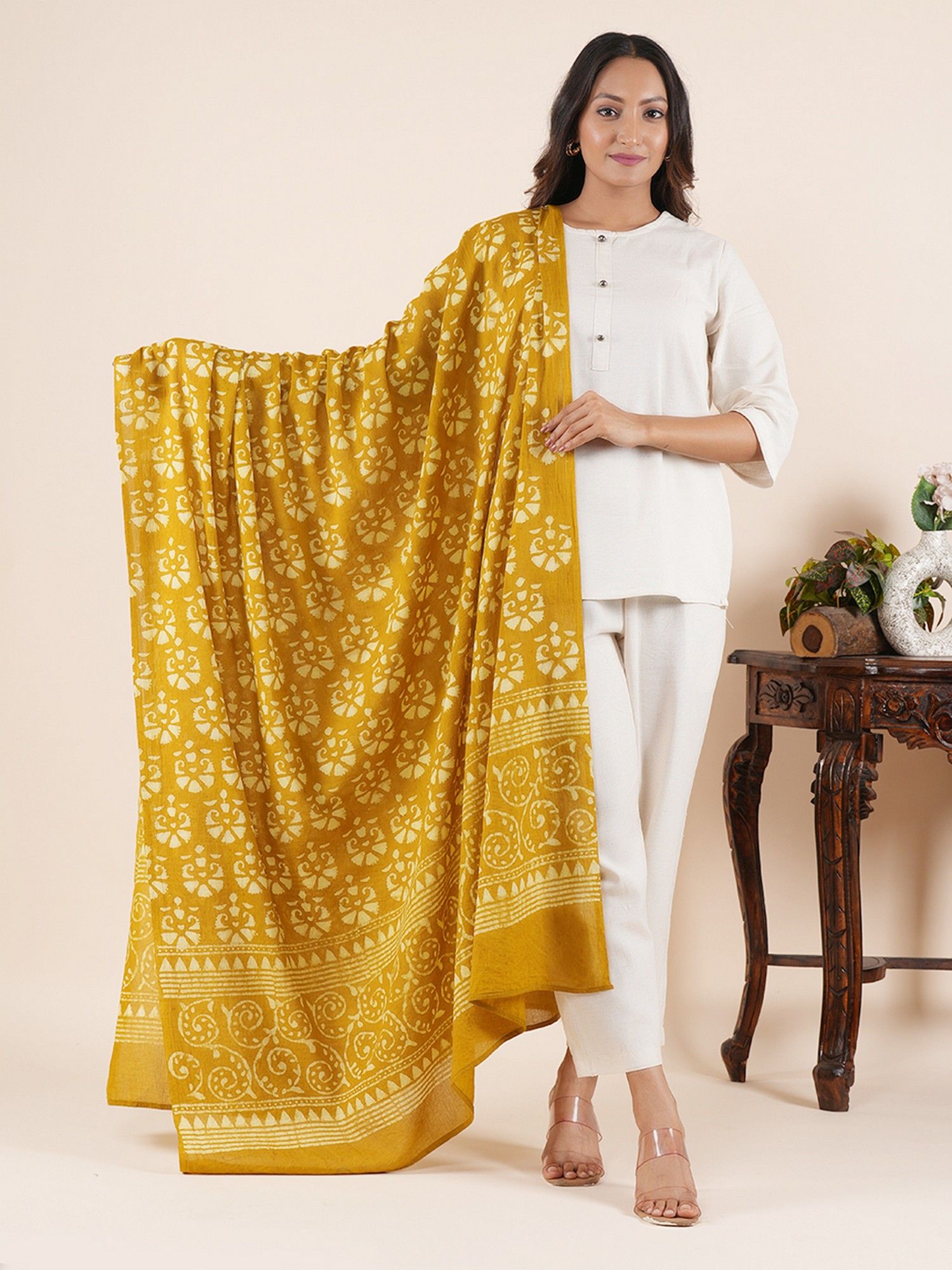 style shoes Peacock Handloom Block Printed Mustard Dupatta-picture-0