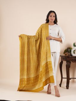 Style Shoes - Striped Handloom Block Printed Mustard Dupatta
