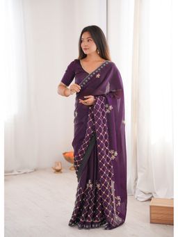 JATRIQQ - Fendy Satin With Beads Embroidered Stone Work Purple Saree With Unstitched Blouse