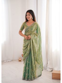 JATRIQQ - Pista Fendy Satin With Beads Embroidered Stone Work Saree With Unstitched Blouse