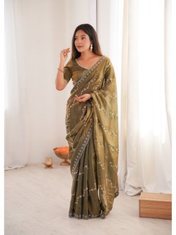 JATRIQQ - Embroidered Stone Work Olive Saree With Unstitched Blouse