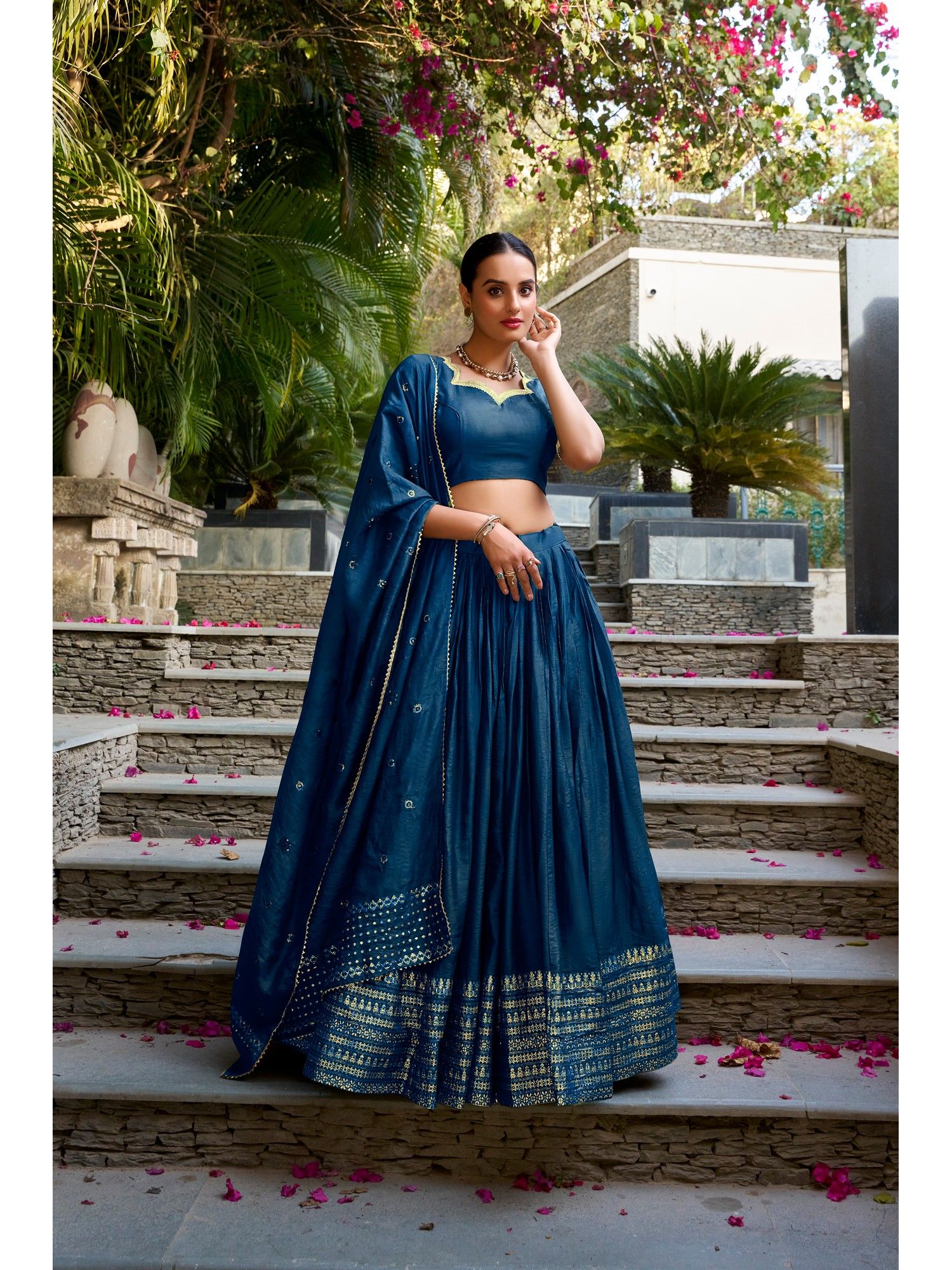 Chanderi Zari Woven Stitched Navy Blue Lehenga With Unstitched Blouse And Dupatta-image-5