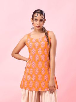 KAFTANIZE - Women Floral Block Print Orange Short Kurti