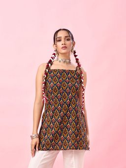 KAFTANIZE - Women Woven Ikat Print Navy Blue Short Kurti
