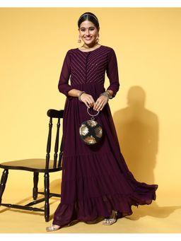 KVS FAB - Georgette Loop Sequins Flared Wine Gown