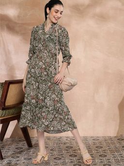 KVS FAB - Georgette Floral Print A-Line Green Midi Dress