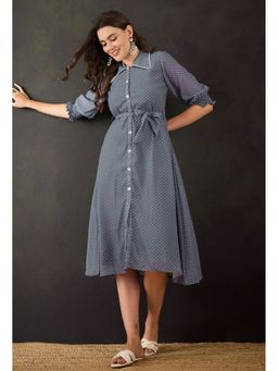 KVS FAB - Georgette Polka Dot Printed A-Line Grey Midi Dress