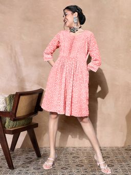 KVS FAB - Georgette Chikankari With Shiffly Lace Peach Knee Length Dress