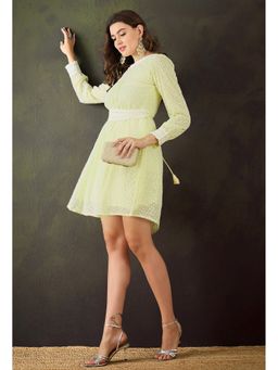 KVS FAB - Georgette Chikankari Embroidered Belted Yellow Mini Dress