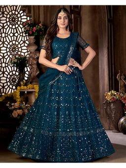 KVS FAB - Net Sequence Semi Stitched Teal Lehenga With Unstitched Choli And Dupatta